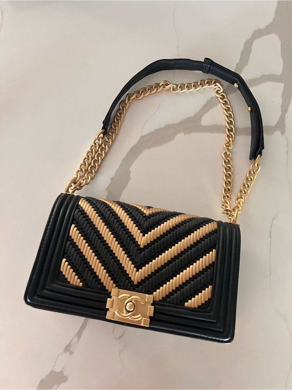 Black & Gold Quilted Chevron Shoulder Bag